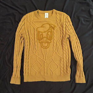 Disney Parks Mustard Yellow Cable Fuzzy Knit Donald Duck Sweater Medium